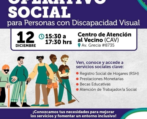 Invitación al Operativo Social para personas con discapacidad visual, organizado por el Municipio en el Centro de Atención al Vecino (CAV), ubicado en Av. Grecia #8735, el 12 de diciembre de 15:30 a 17:30 hrs. Incluye servicios como Registro Social de Hogares, prestaciones monetarias, becas educativas y atención de trabajador/a social. Diseñado para fomentar un entorno inclusivo. Logos de entidades colaboradoras al pie.
