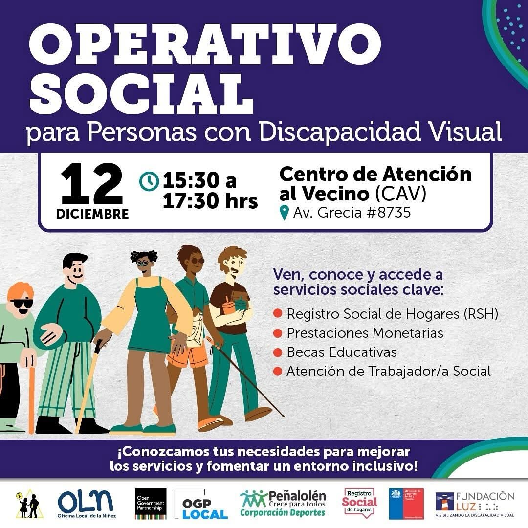 Invitación al Operativo Social para personas con discapacidad visual, organizado por el Municipio en el Centro de Atención al Vecino (CAV), ubicado en Av. Grecia #8735, el 12 de diciembre de 15:30 a 17:30 hrs. Incluye servicios como Registro Social de Hogares, prestaciones monetarias, becas educativas y atención de trabajador/a social. Diseñado para fomentar un entorno inclusivo. Logos de entidades colaboradoras al pie.